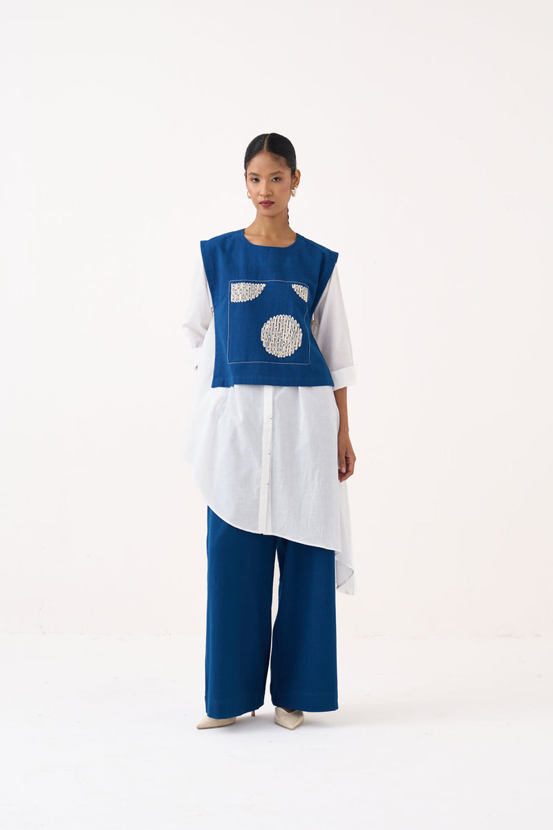 Beaded Emb. Overlay (Set Of 2)-Cobalt Blue White   handwoven cotton jacket/overlay by THREE in cobalt blue for women in Singapore