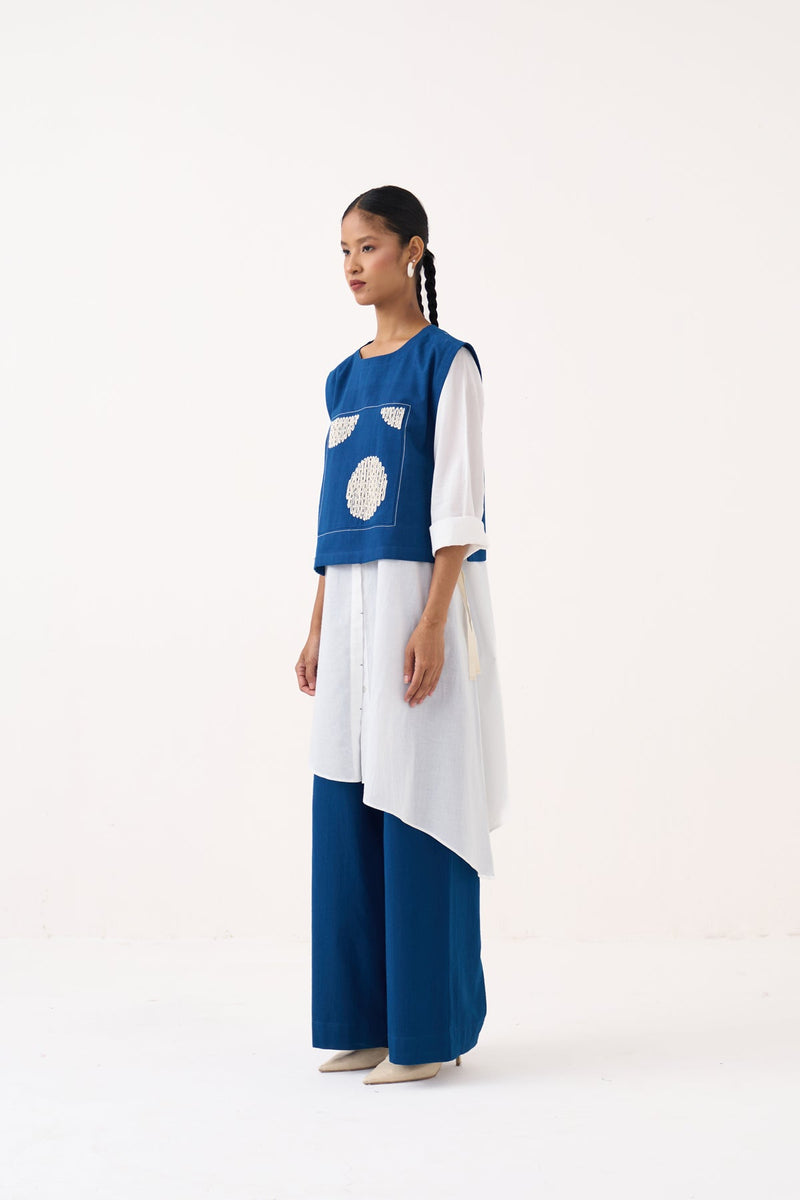 Beaded Emb. Overlay Co-Ord (Set Of 3)-Cobalt Blue & White handwoven cotton co-ord set by THREE in cobalt blue for women in Singapore