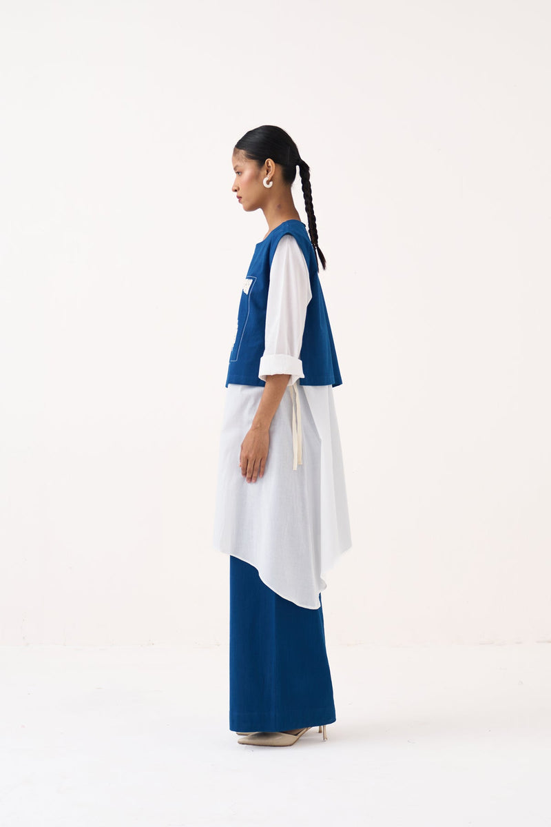 Beaded Emb. Overlay Co-Ord (Set Of 3)-Cobalt Blue & White handwoven cotton co-ord set by THREE in cobalt blue for women in Singapore