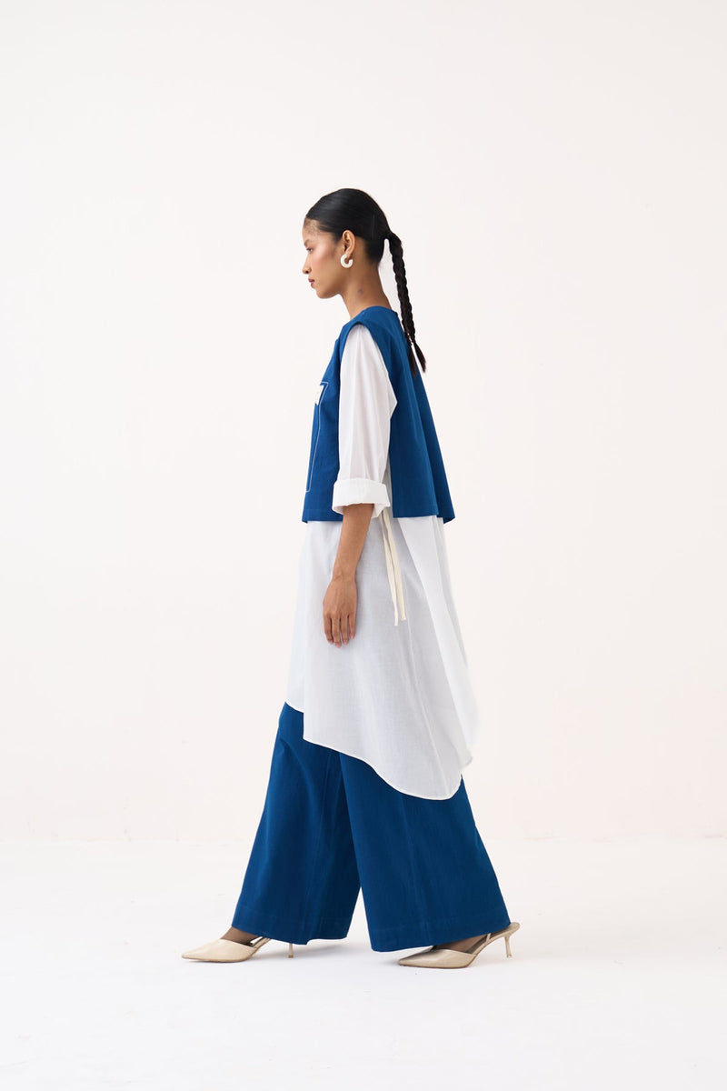 Beaded Emb. Overlay Co-Ord (Set Of 3)-Cobalt Blue & White handwoven cotton co-ord set by THREE in cobalt blue for women in Singapore