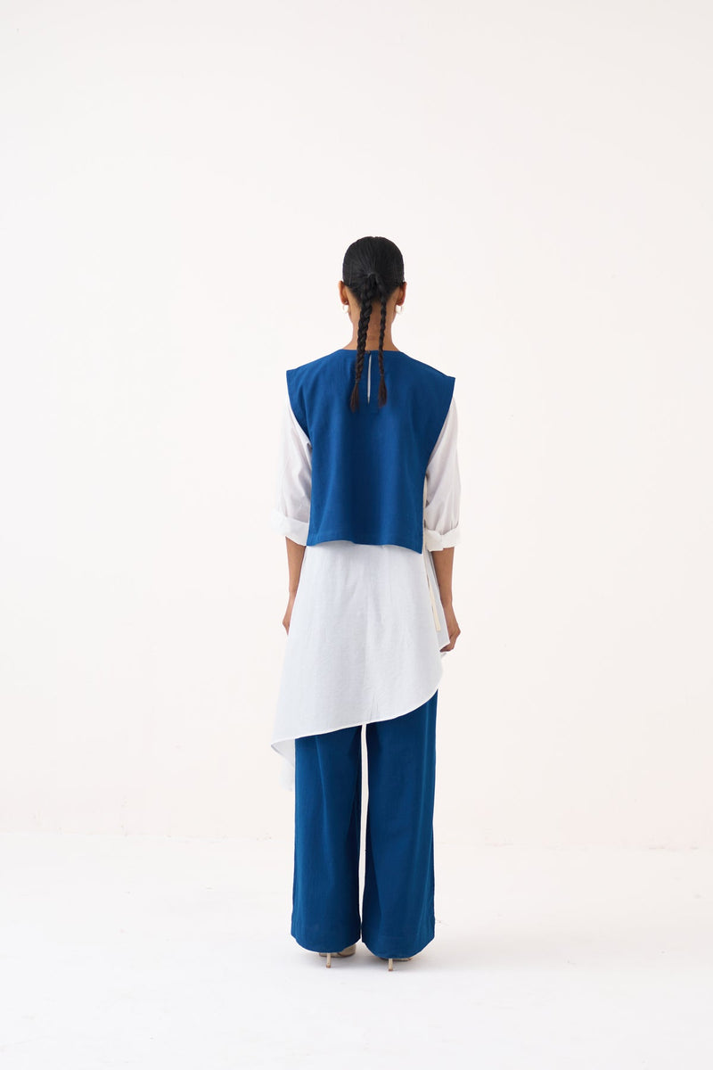 Beaded Emb. Overlay Co-Ord (Set Of 3)-Cobalt Blue & White handwoven cotton co-ord set by THREE in cobalt blue for women in Singapore