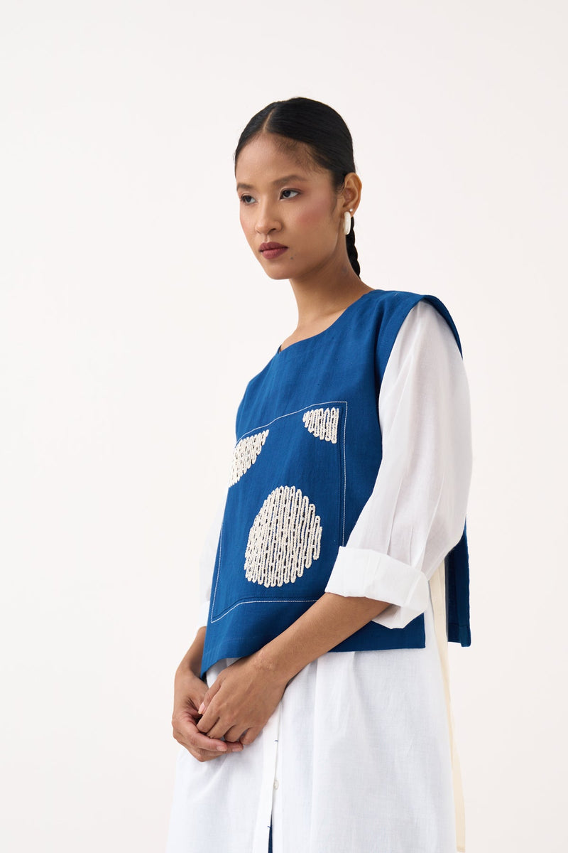 Beaded Emb. Overlay Co-Ord (Set Of 3)-Cobalt Blue & White handwoven cotton co-ord set by THREE in cobalt blue for women in Singapore