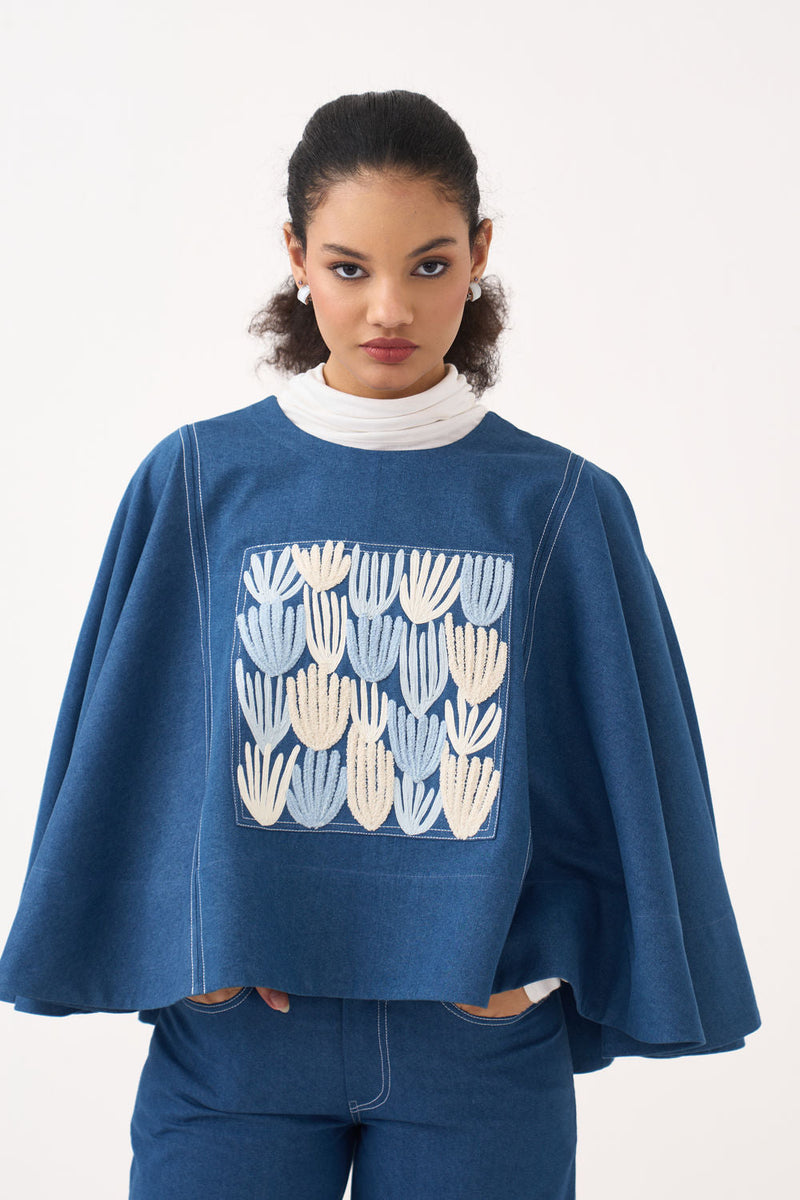 Emb. Patch Denim Poncho-Blue Denim denim top/shirt by THREE in blue for women in Singapore