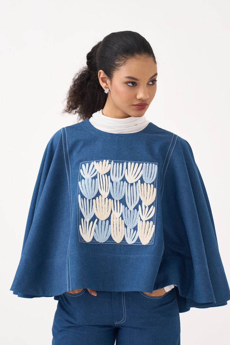 Emb. Patch Denim Poncho-Blue Denim denim top/shirt by THREE in blue for women in Singapore