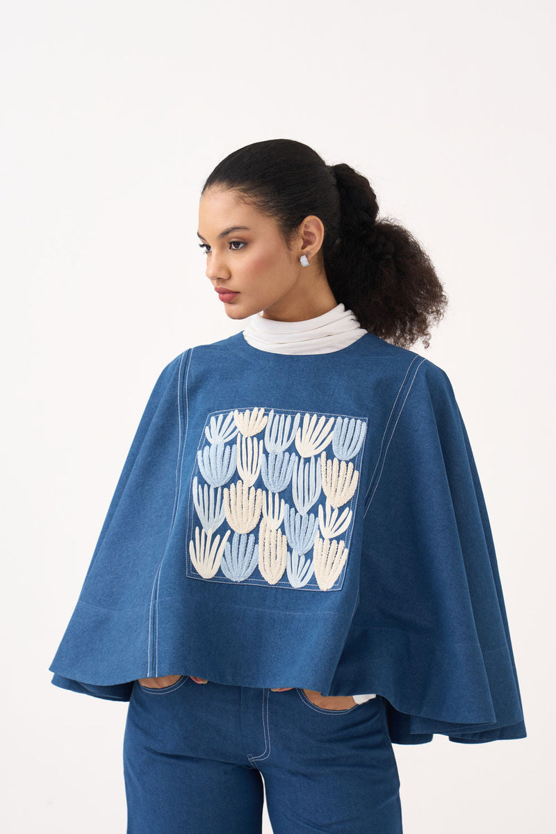 Emb. Patch Denim Poncho-Blue Denim denim top/shirt by THREE in blue for women in Singapore