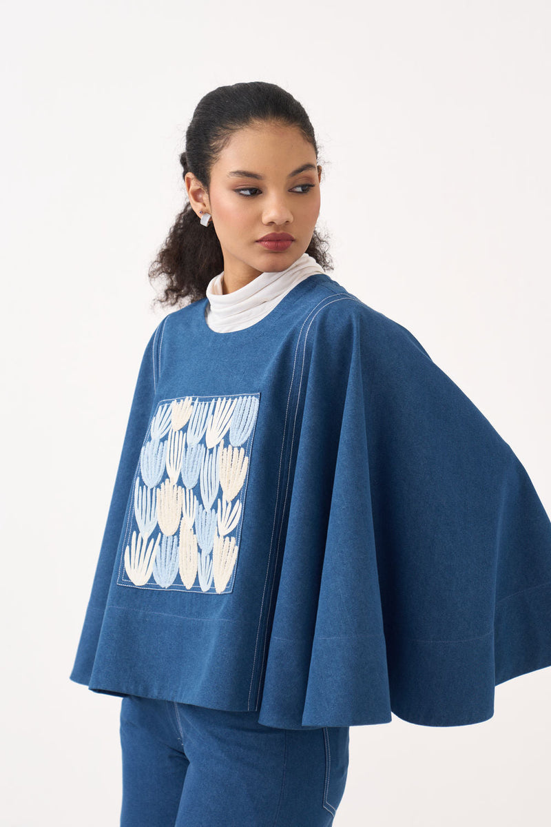 Emb. Patch Denim Poncho-Blue Denim denim top/shirt by THREE in blue for women in Singapore