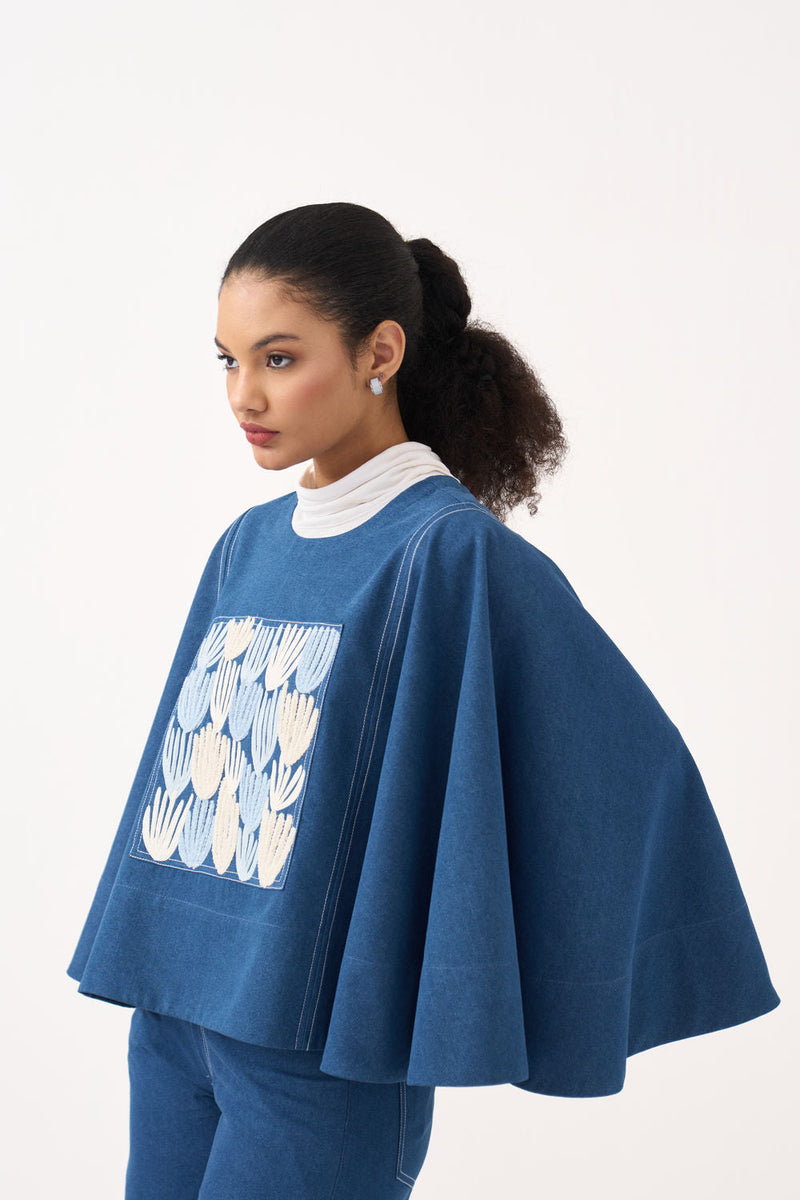 Emb. Patch Denim Poncho-Blue Denim denim top/shirt by THREE in blue for women in Singapore