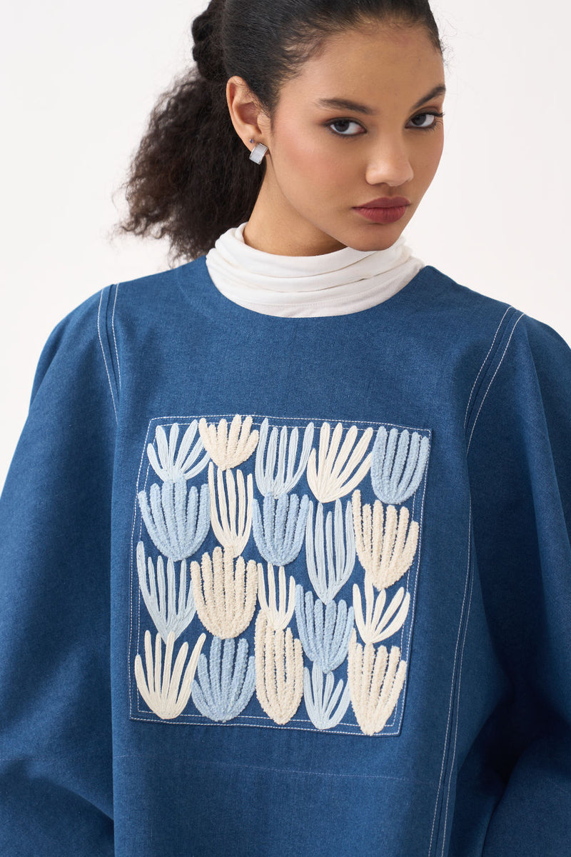 Emb. Patch Denim Poncho-Blue Denim denim top/shirt by THREE in blue for women in Singapore