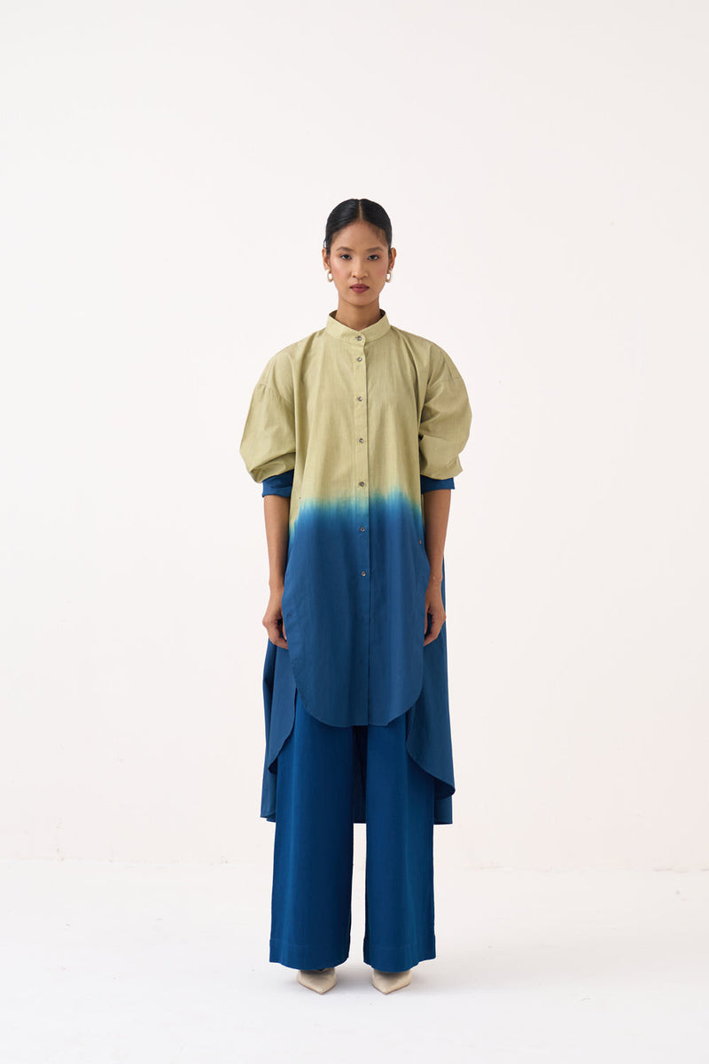 Dip-Dye Side Button Tunic Co-Ord-Cobalt Blue/Soft Moss 100% cotton poplin co-ord set by THREE in cobalt blue for women in Singapore