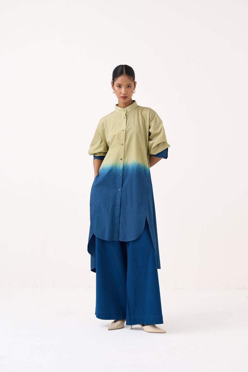 Dip-Dye Side Button Tunic Co-Ord-Cobalt Blue/Soft Moss 100% cotton poplin co-ord set by THREE in cobalt blue for women in Singapore
