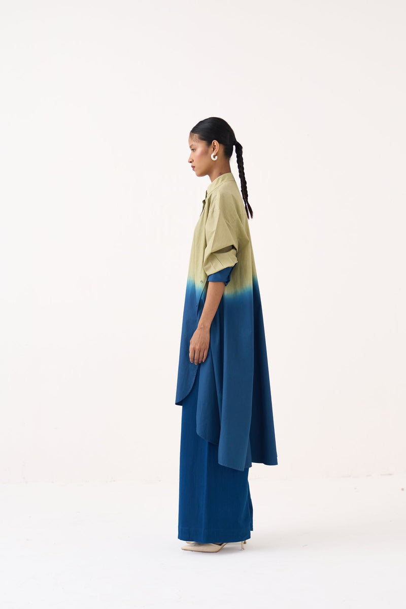 Dip-Dye Side Button Tunic-Cobalt Blue/Soft Moss  100% cotton poplin tunics/kaftan by THREE in cobalt blue for women in Singapore