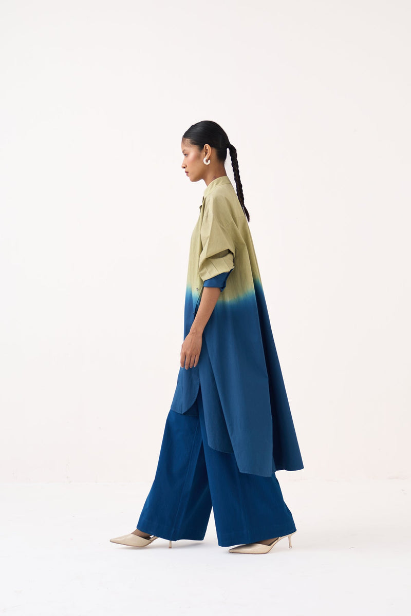 Dip-Dye Side Button Tunic Co-Ord-Cobalt Blue/Soft Moss 100% cotton poplin co-ord set by THREE in cobalt blue for women in Singapore