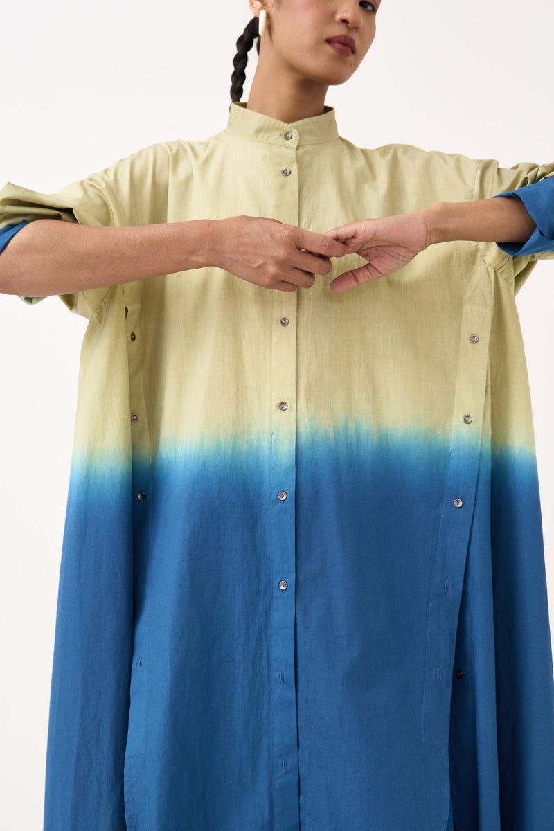 Dip-Dye Side Button Tunic Co-Ord-Cobalt Blue/Soft Moss 100% cotton poplin co-ord set by THREE in cobalt blue for women in Singapore