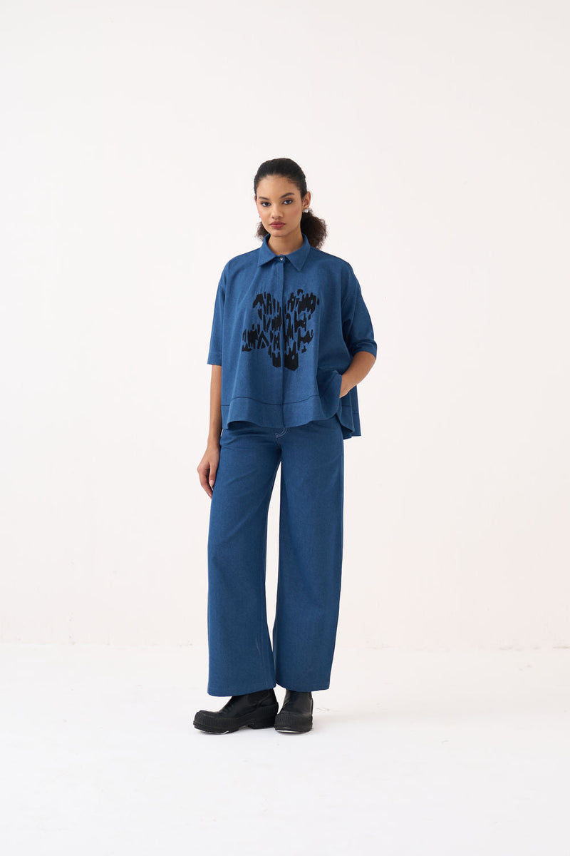 Floral Emb. Denim Shirt Co-Ord (Set Of 2)-Denim Blue denim co-ord set by THREE in blue for women in Singapore