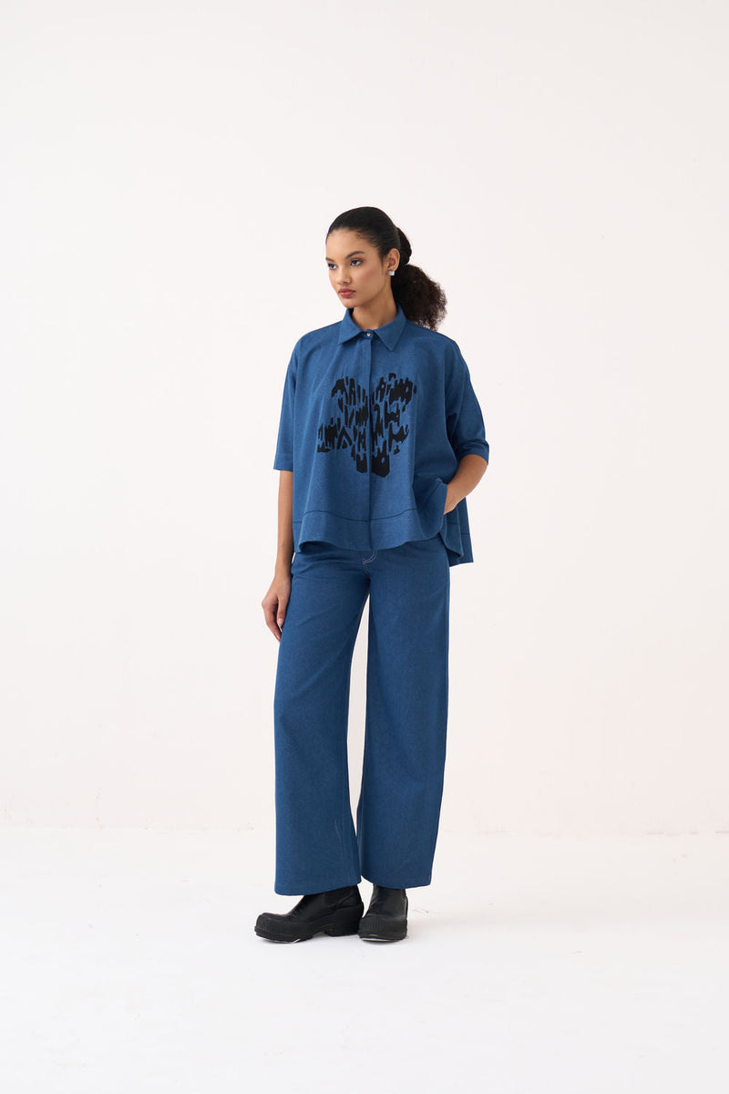Floral Emb. Denim Shirt-Denim Blue denim tunics and kaftans by THREE in blue for women in Singapore