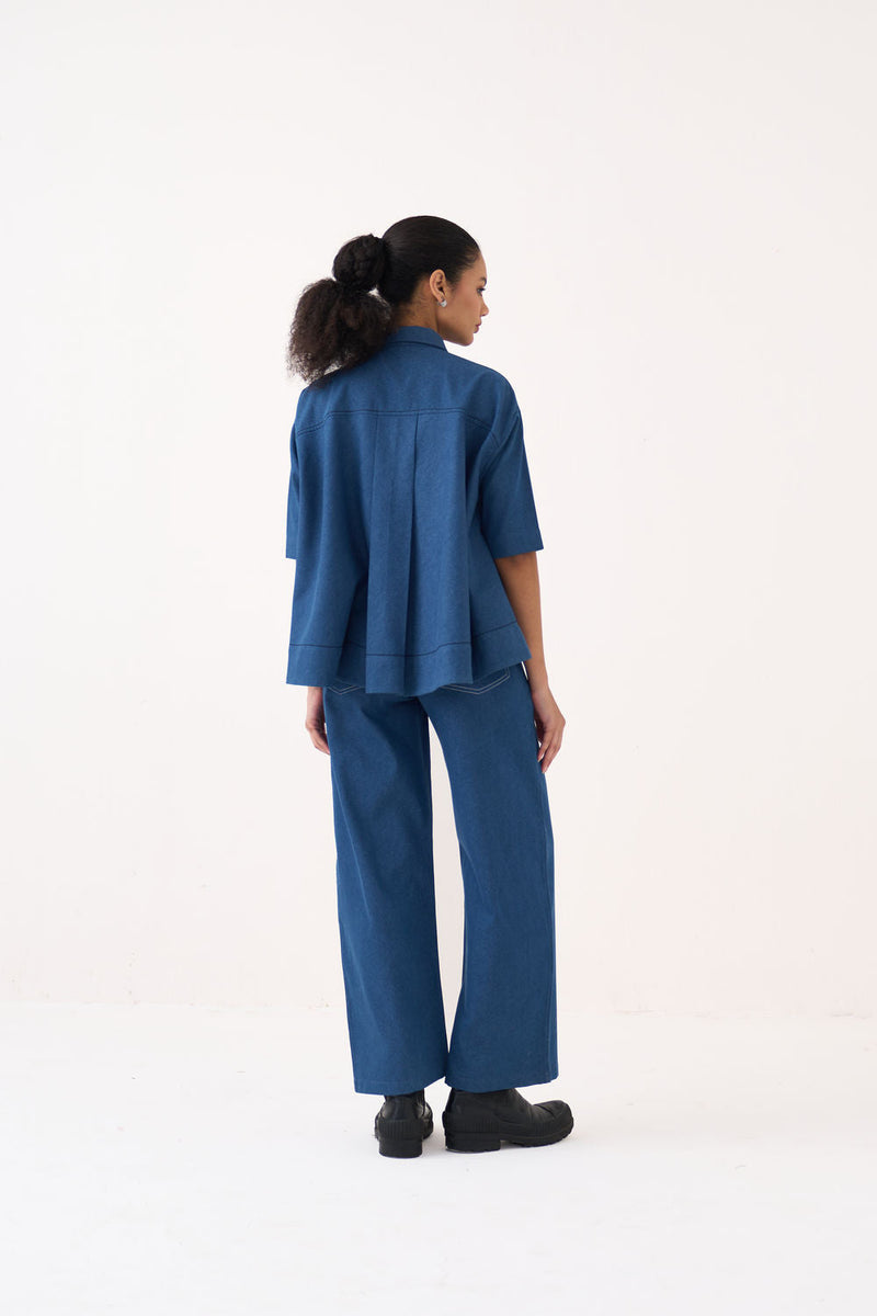 Floral Emb. Denim Shirt Co-Ord (Set Of 2)-Denim Blue denim co-ord set by THREE in blue for women in Singapore
