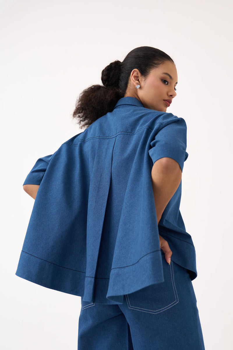 Floral Emb. Denim Shirt-Denim Blue denim tunics and kaftans by THREE in blue for women in Singapore