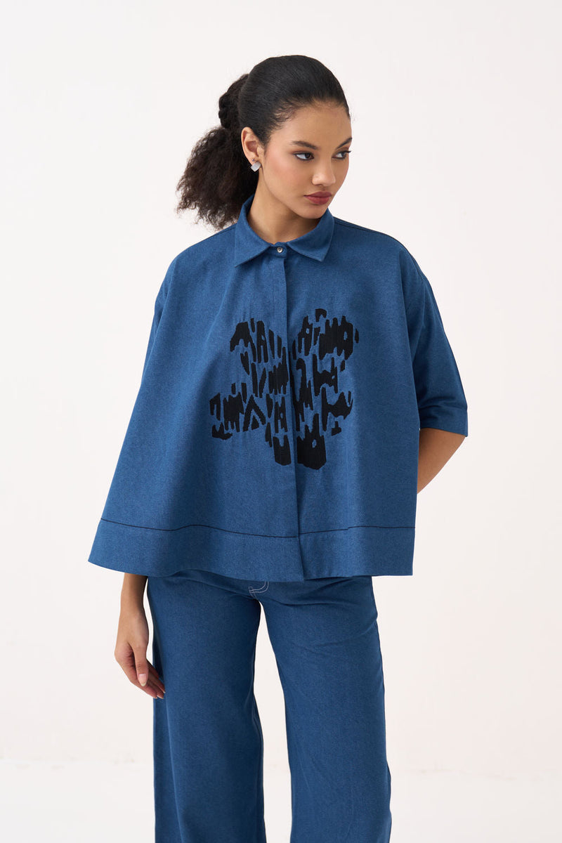 Floral Emb. Denim Shirt-Denim Blue denim tunics and kaftans by THREE in blue for women in Singapore