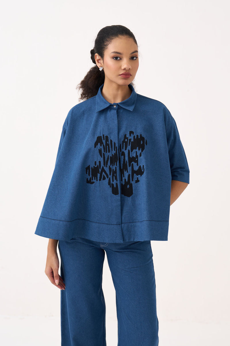 Floral Emb. Denim Shirt-Denim Blue denim tunics and kaftans by THREE in blue for women in Singapore