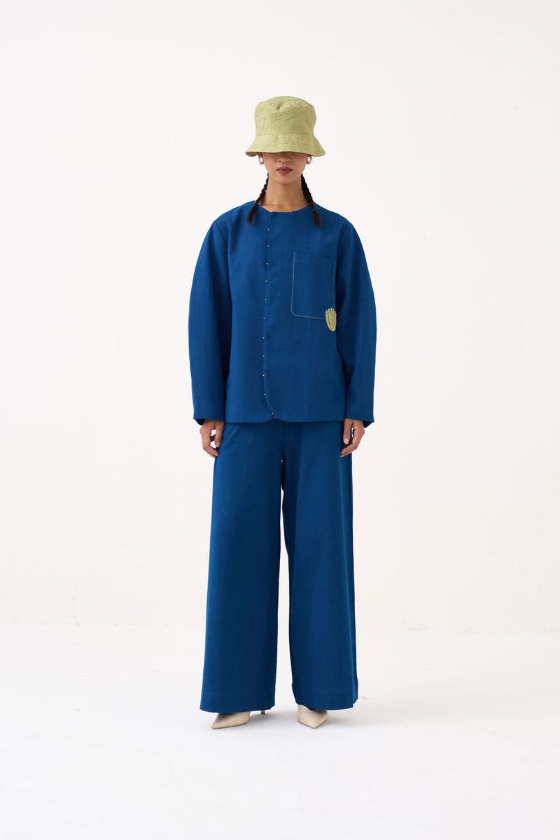 Emb. Contour Overlay Co-Ord (Set Of 2)-Cobalt Blue handwoven cotton co-ord set by THREE in blue for women in Singapore