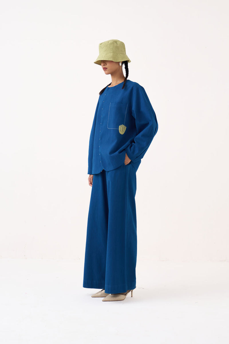 Emb. Contour Overlay Co-Ord (Set Of 2)-Cobalt Blue handwoven cotton co-ord set by THREE in blue for women in Singapore