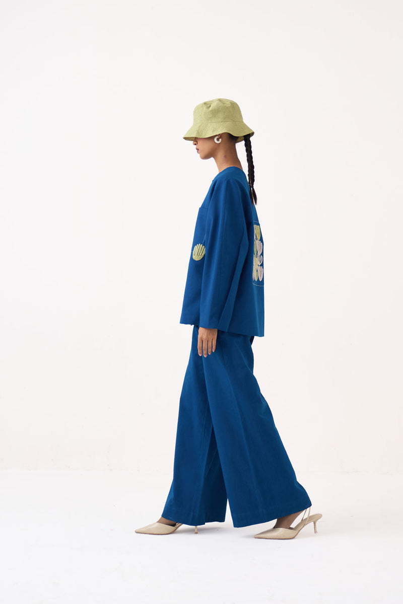 Emb. Contour Overlay Co-Ord (Set Of 2)-Cobalt Blue handwoven cotton co-ord set by THREE in blue for women in Singapore