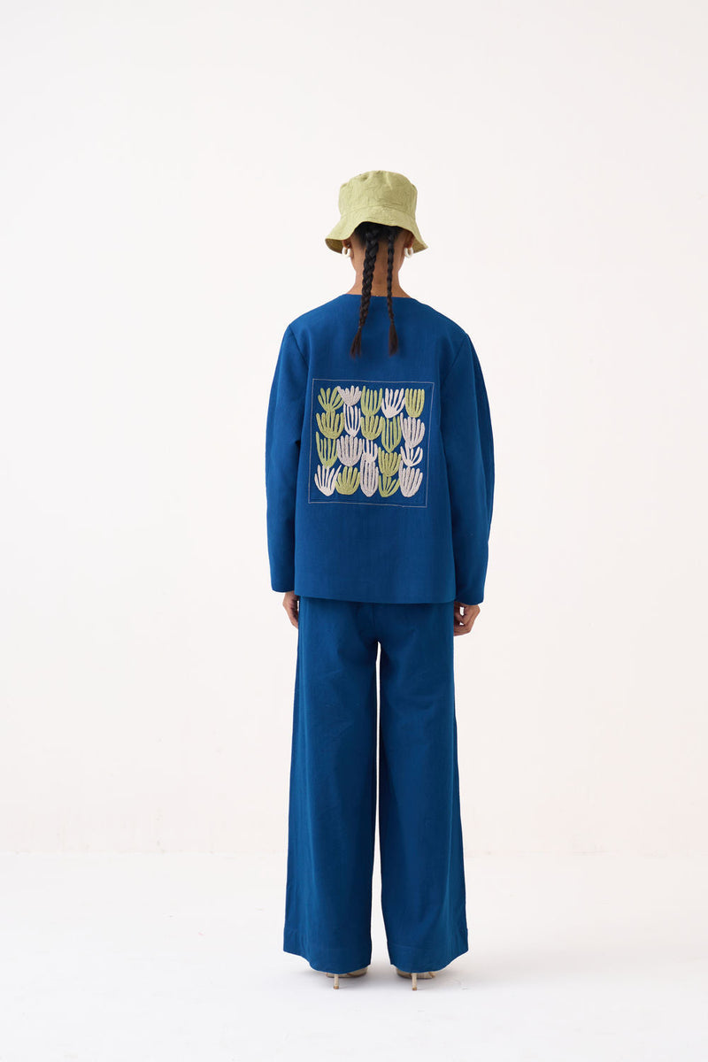Emb. Contour Overlay-Cobalt Blue handwoven cotton jacket/overlay by THREE in blue for women in Singapore