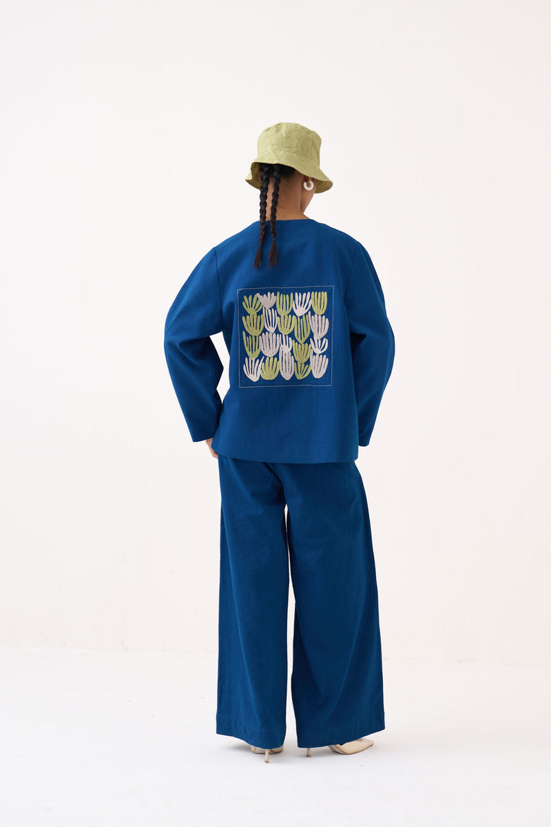 Emb. Contour Overlay Co-Ord (Set Of 2)-Cobalt Blue handwoven cotton co-ord set by THREE in blue for women in Singapore
