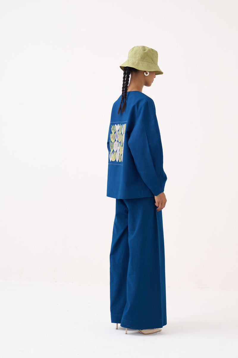 Emb. Contour Overlay Co-Ord (Set Of 2)-Cobalt Blue handwoven cotton co-ord set by THREE in blue for women in Singapore
