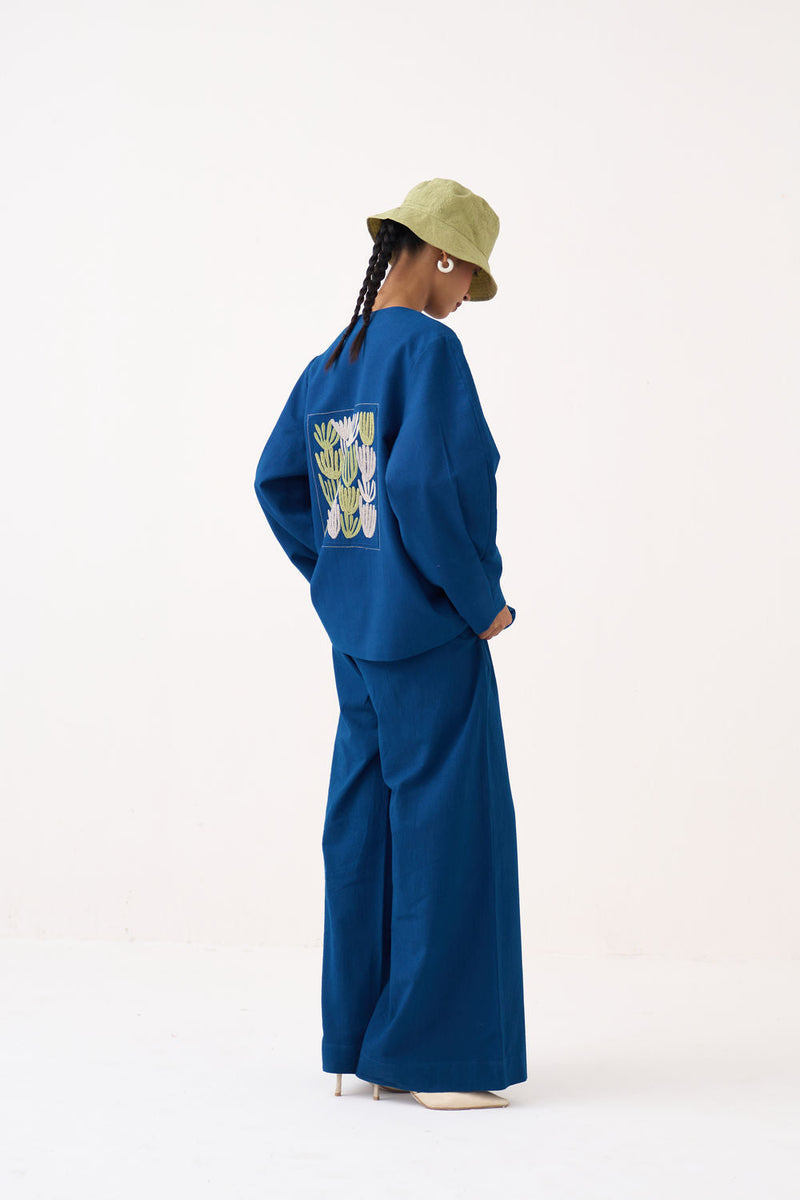 Emb. Contour Overlay-Cobalt Blue handwoven cotton jacket/overlay by THREE in blue for women in Singapore
