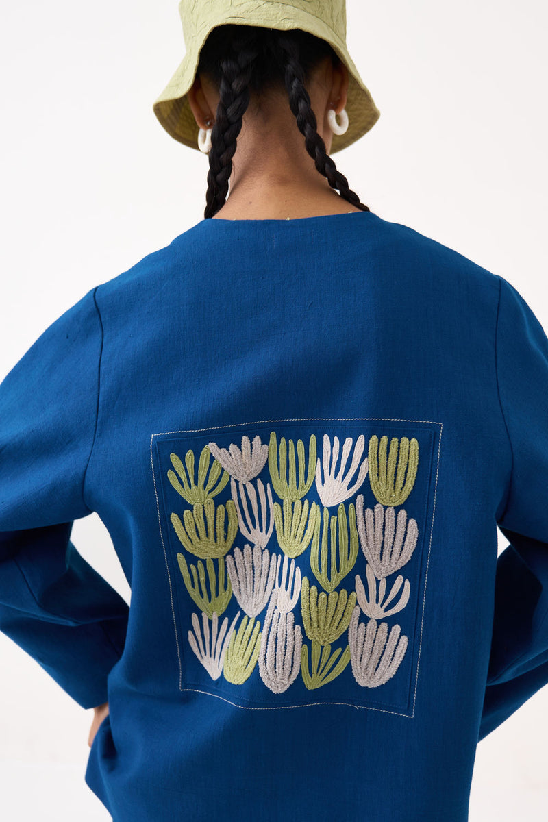 Emb. Contour Overlay Co-Ord (Set Of 2)-Cobalt Blue handwoven cotton co-ord set by THREE in blue for women in Singapore
