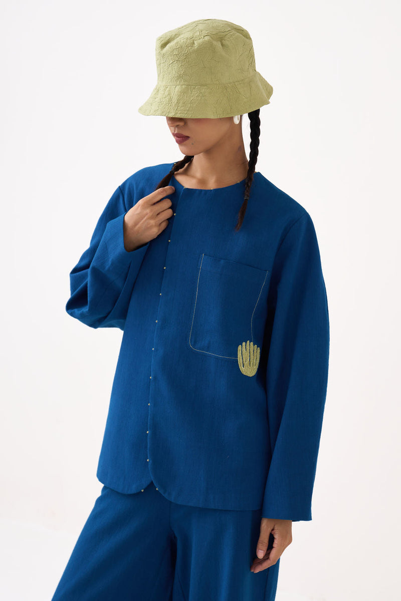Emb. Contour Overlay-Cobalt Blue handwoven cotton jacket/overlay by THREE in blue for women in Singapore
