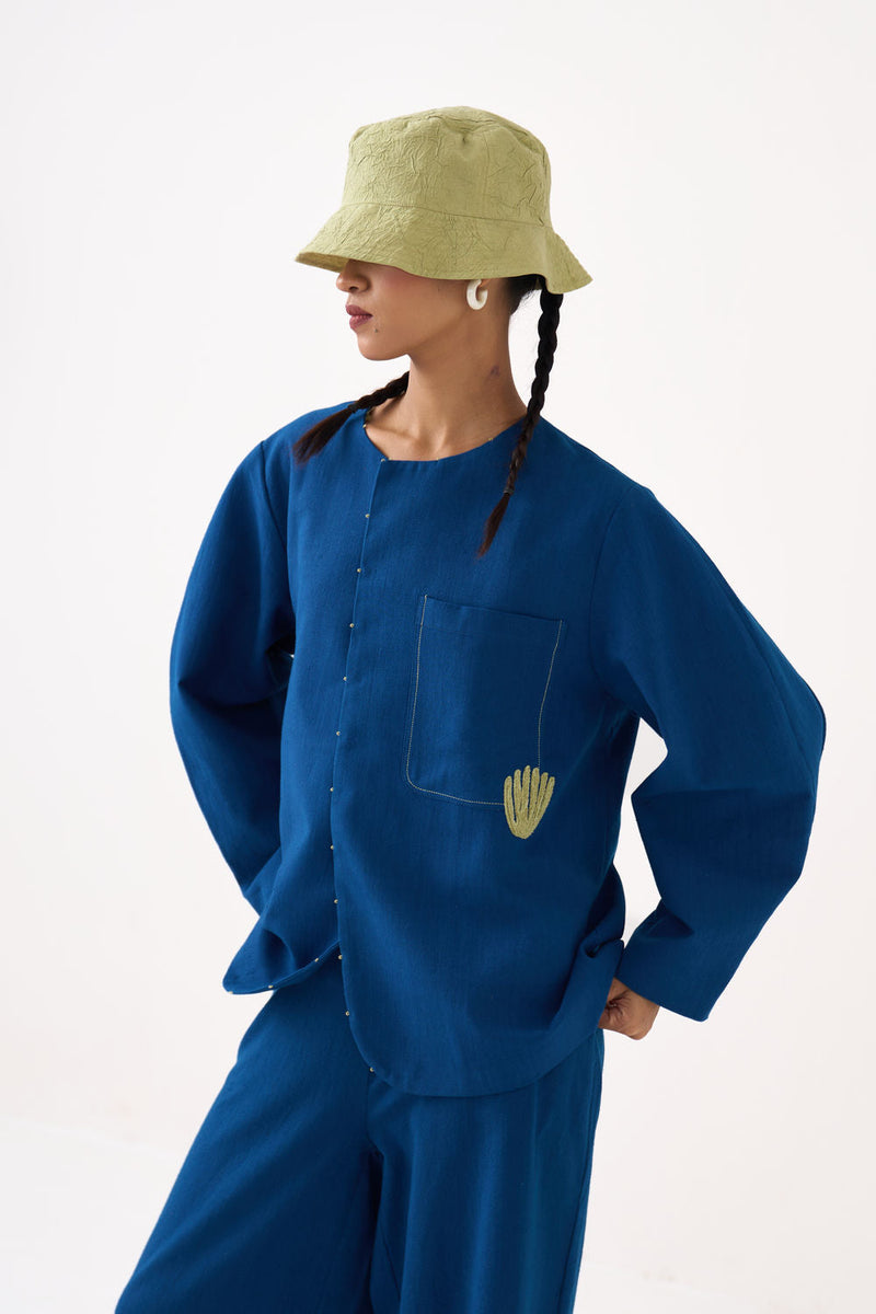 Emb. Contour Overlay-Cobalt Blue handwoven cotton jacket/overlay by THREE in blue for women in Singapore