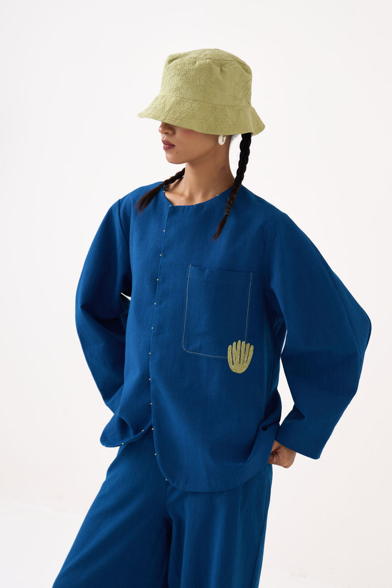 Emb. Contour Overlay-Cobalt Blue handwoven cotton jacket/overlay by THREE in blue for women in Singapore