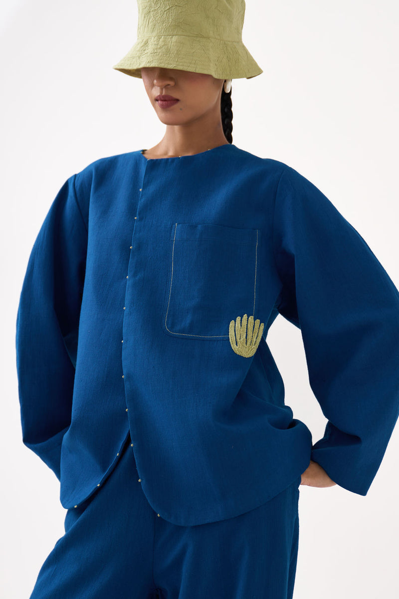 Emb. Contour Overlay-Cobalt Blue handwoven cotton jacket/overlay by THREE in blue for women in Singapore