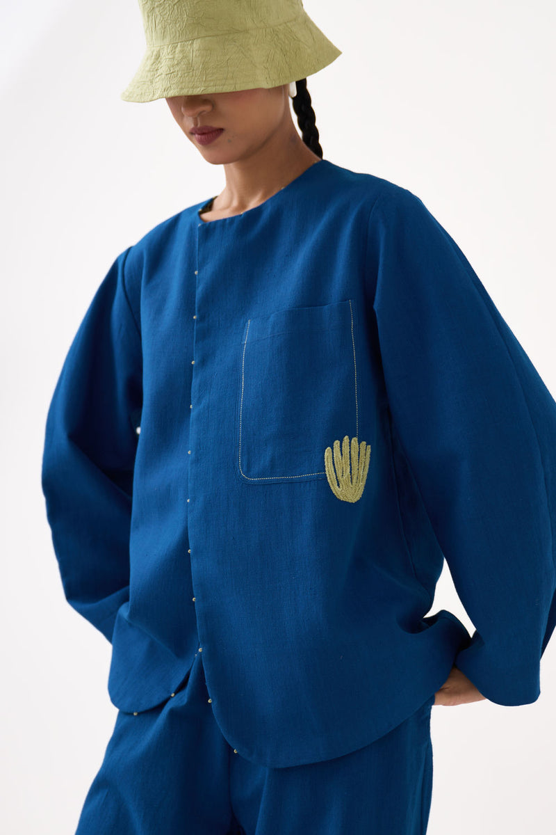 Emb. Contour Overlay-Cobalt Blue handwoven cotton jacket/overlay by THREE in blue for women in Singapore