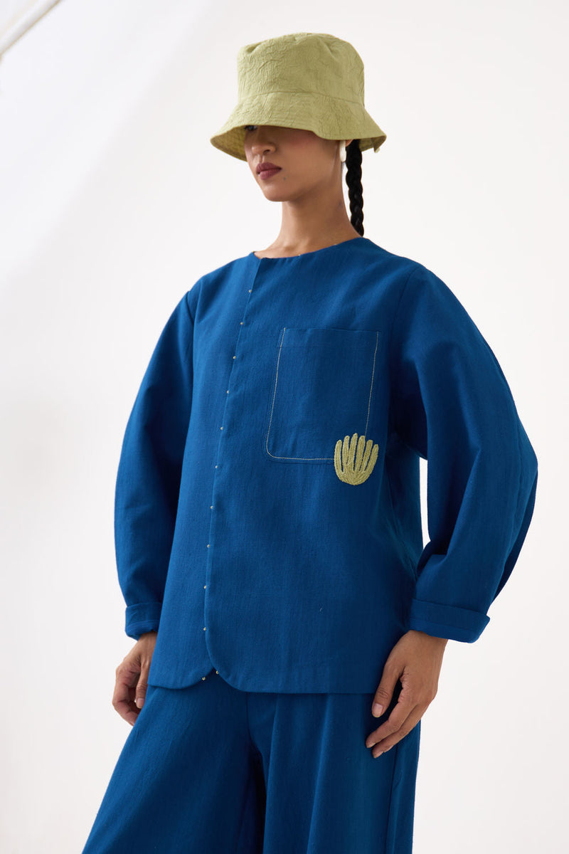 Emb. Contour Overlay-Cobalt Blue handwoven cotton jacket/overlay by THREE in blue for women in Singapore