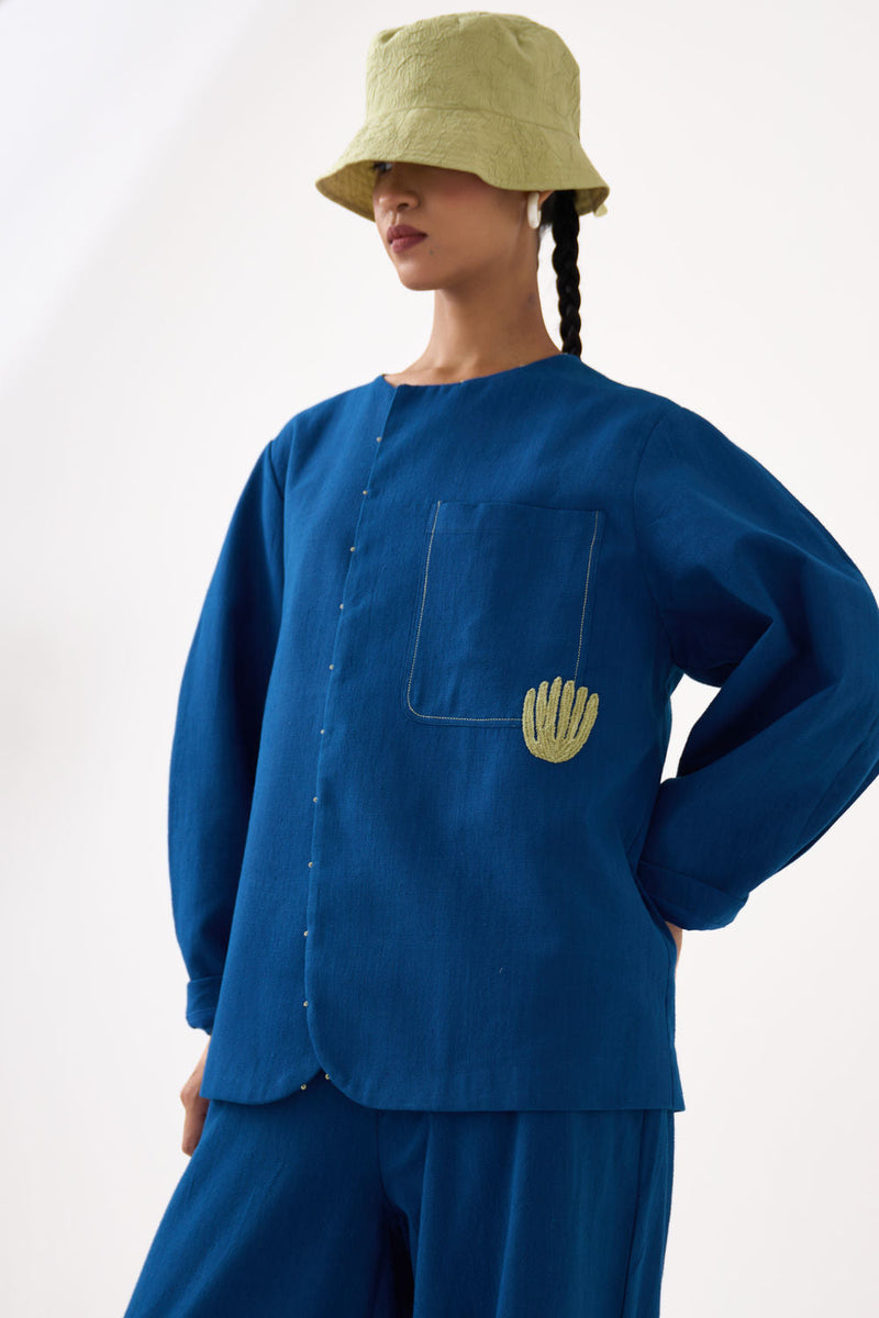 Emb. Contour Overlay-Cobalt Blue handwoven cotton jacket/overlay by THREE in blue for women in Singapore