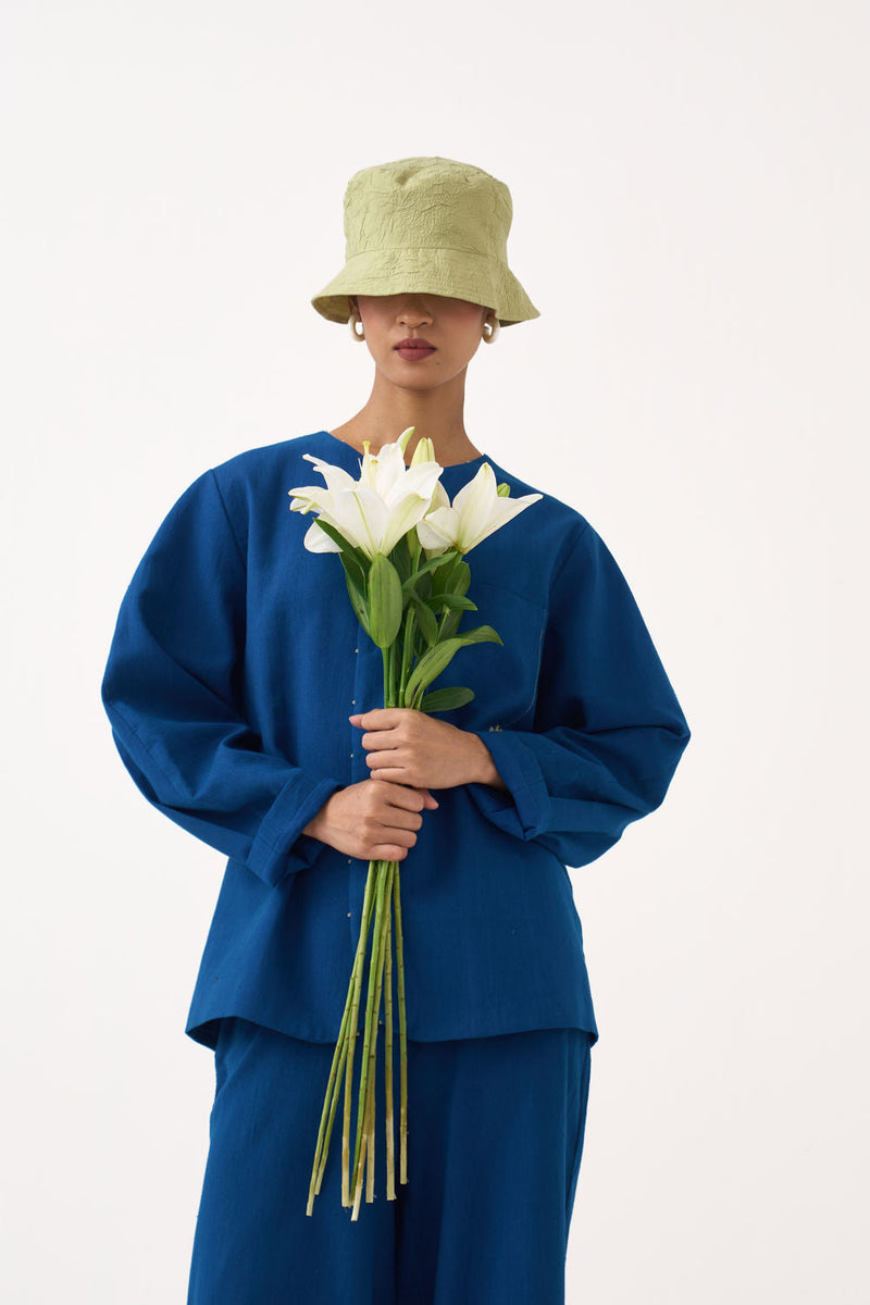 Emb. Contour Overlay Co-Ord (Set Of 2)-Cobalt Blue handwoven cotton co-ord set by THREE in blue for women in Singapore