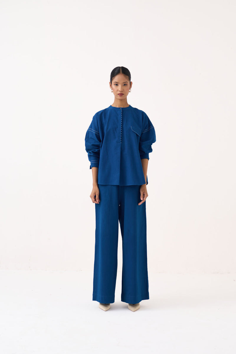 Short Bat Sleeve Top Co-Ord (Set Of 2)-Cobalt Blue handwoven cotton co-ord set by THREE in blue for women in Singapore