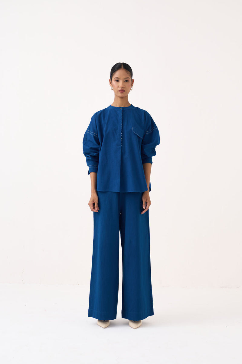 Short Bat Sleeve Top-Cobalt Blue handwoven cotton top/shirt by THREE in blue for women in Singapore