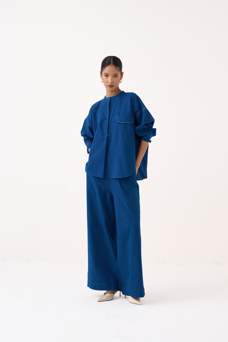 Short Bat Sleeve Top Co-Ord (Set Of 2)-Cobalt Blue handwoven cotton co-ord set by THREE in blue for women in Singapore