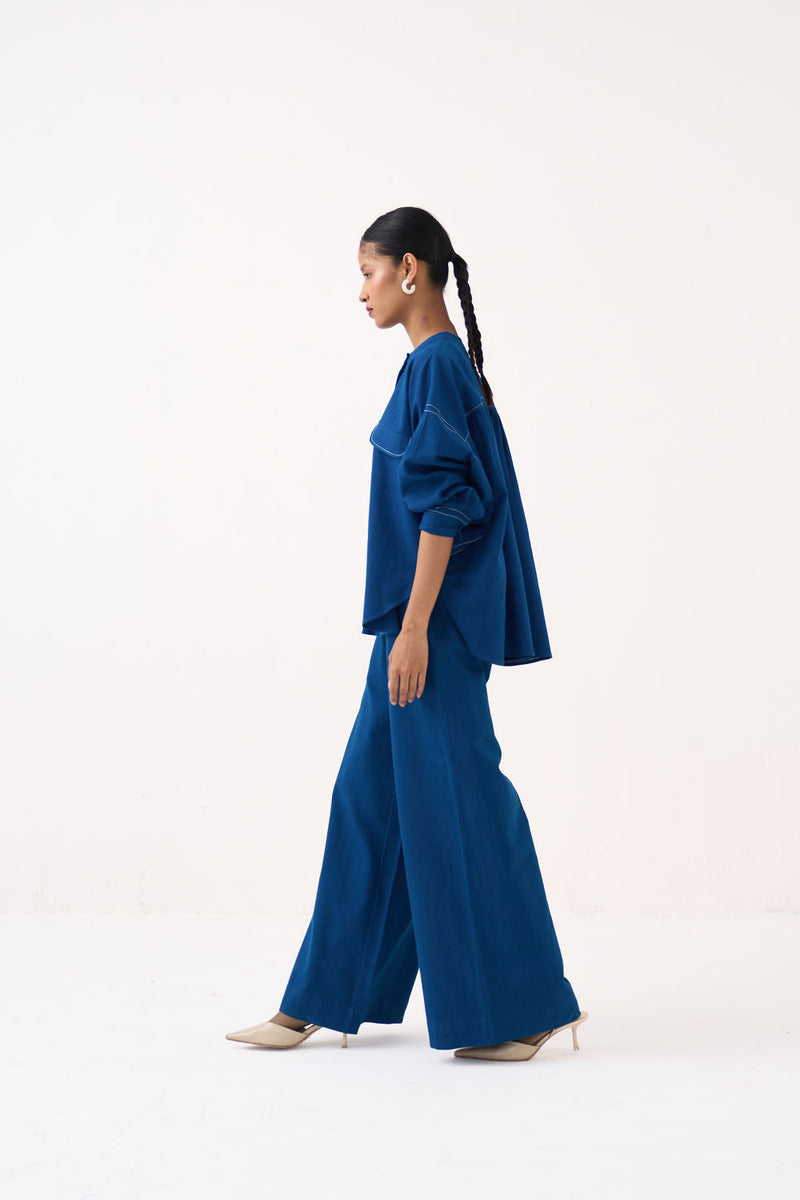 Short Bat Sleeve Top Co-Ord (Set Of 2)-Cobalt Blue handwoven cotton co-ord set by THREE in blue for women in Singapore