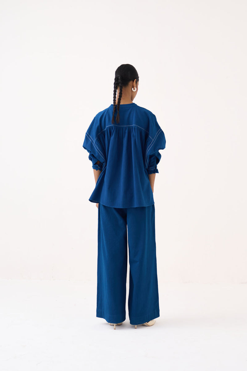 Short Bat Sleeve Top Co-Ord (Set Of 2)-Cobalt Blue handwoven cotton co-ord set by THREE in blue for women in Singapore