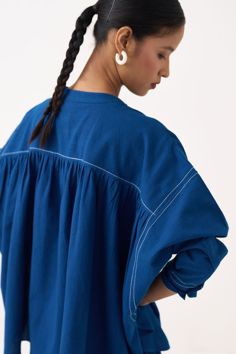 Short Bat Sleeve Top-Cobalt Blue handwoven cotton top/shirt by THREE in blue for women in Singapore