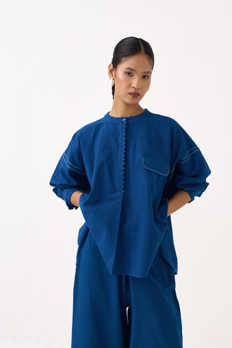 Short Bat Sleeve Top-Cobalt Blue handwoven cotton top/shirt by THREE in blue for women in Singapore