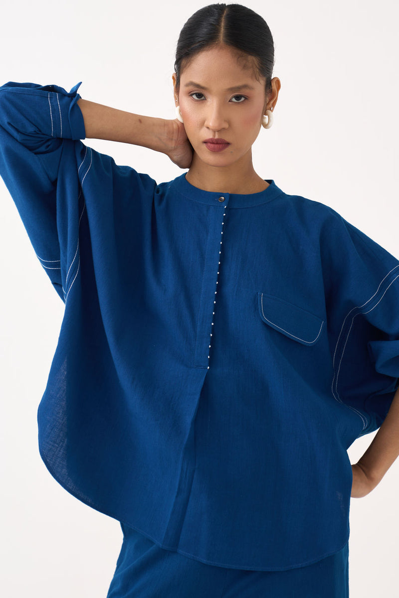Short Bat Sleeve Top Co-Ord (Set Of 2)-Cobalt Blue handwoven cotton co-ord set by THREE in blue for women in Singapore