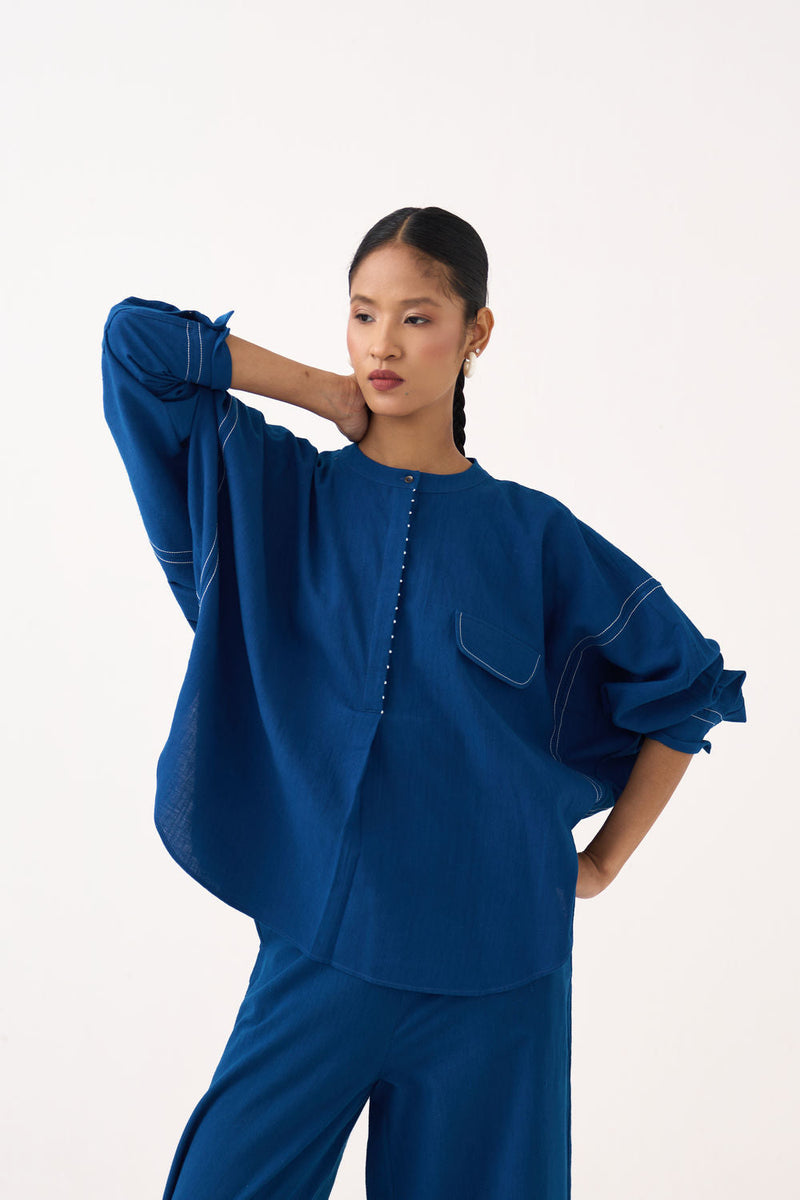 Short Bat Sleeve Top-Cobalt Blue handwoven cotton top/shirt by THREE in blue for women in Singapore