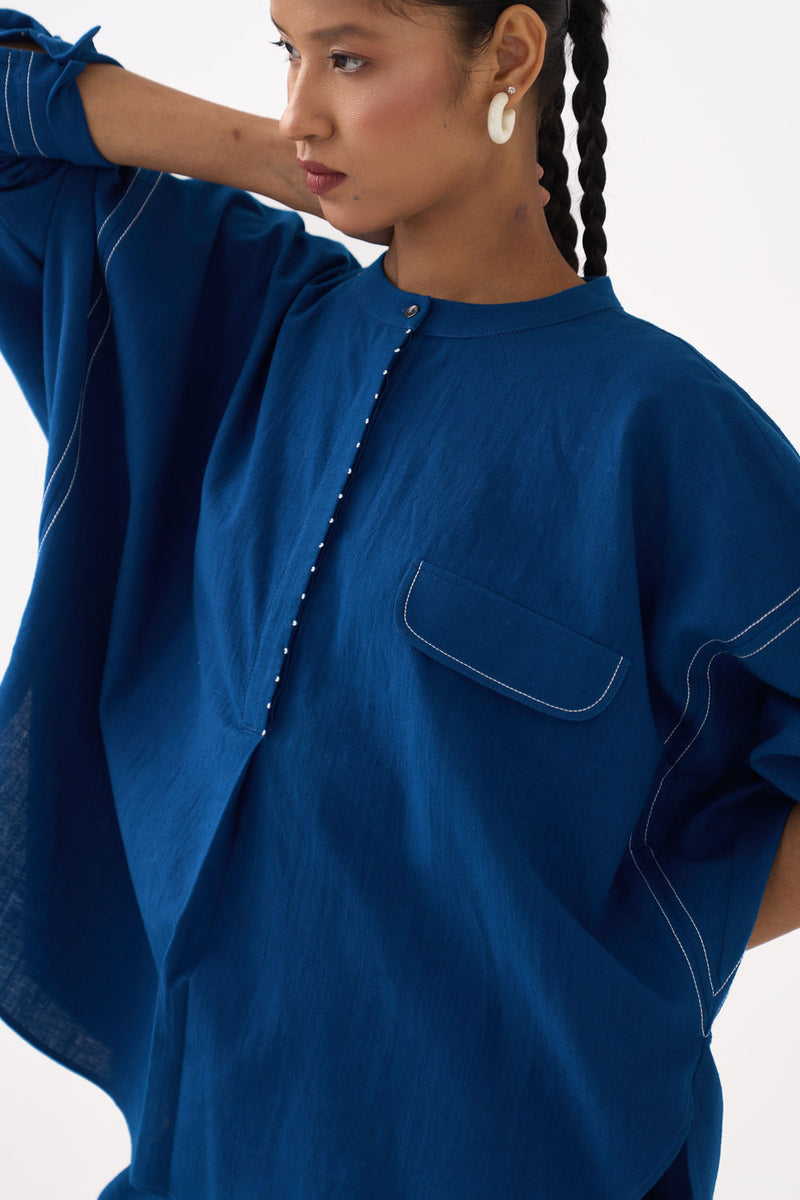 Short Bat Sleeve Top-Cobalt Blue handwoven cotton top/shirt by THREE in blue for women in Singapore