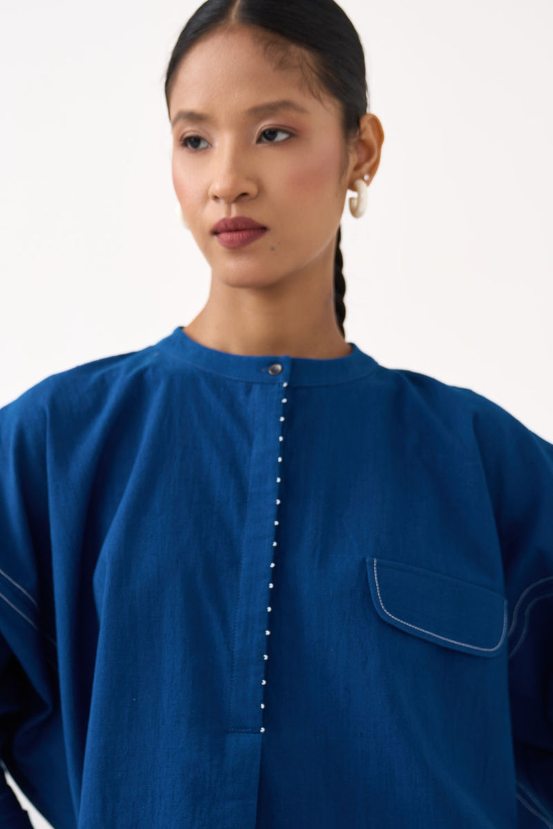 Short Bat Sleeve Top-Cobalt Blue handwoven cotton top/shirt by THREE in blue for women in Singapore
